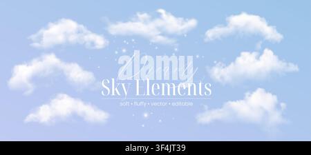 Dreamy sky elements vector cover on a soft blue background with realistic fluffy clouds and small sparkling lights. White cloud collection creates an Stock Vector