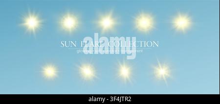 Sun Flare Collection on Blue Background Stock Vector