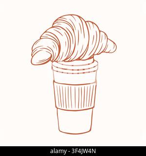Coffee cup with croissant line art icon. Hand drawn sketch of takeaway drink and pastry. Breakfast concept. Simple brown outline graphic for menu Stock Vector
