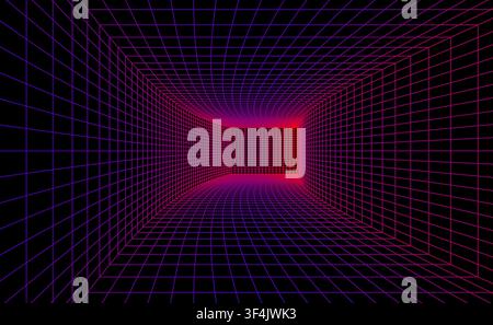 Grid box perspective vector on black background with neon purple and red wireframe lines. Futuristic tunnel corridor creates a glowing retro digital Stock Vector