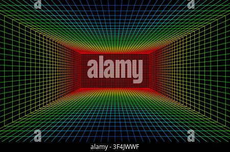 Rainbow grid box perspective vector on black background with bright multicolor wireframe lines. Futuristic tunnel space glows with vivid retro digital Stock Vector