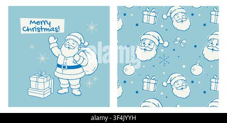 Christmas illustration set featuring a cheerful Santa Claus with a gift sack, stacked presents, festive greeting, snowflakes, ornaments, bows, and a Stock Vector