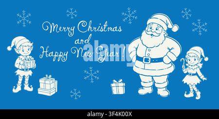 Christmas and New Year greeting illustration featuring Santa Claus with two cheerful elves, wrapped gifts, snowflakes, and decorative holiday Stock Vector