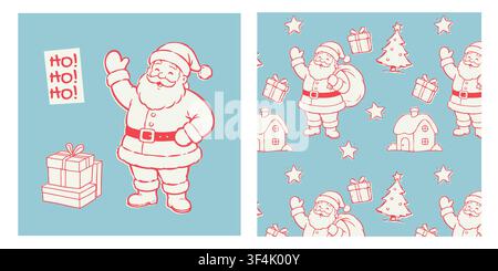 Christmas illustration set featuring a cheerful waving Santa Claus, stacked gift boxes, festive Ho Ho Ho lettering, and a seamless holiday pattern Stock Vector