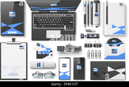 Realistic corporate identity design. Office stationery layout dark theme featuring logo. Promotional 3D items top view. Business cards and envelopes Stock Vector