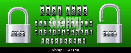 Realistic combination lock font featuring numbers and letters on metal rollers. Metallic wheels. Showing open and closed padlock with digital mechanis Stock Vector