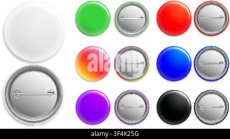 Realistic colored icons. Round bright badges. Plastic button with metal clasp. Glossy circles front or back views. 3D mockup of individual pin tags Stock Vector