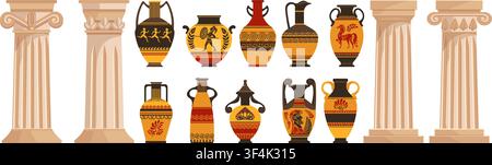 Greek columns and amphorae. Ancient ceramic vases. Marble capitals. Ionic, Doric or Corinthian orders and antique clay jugs. Historical jugs. Stone Stock Vector