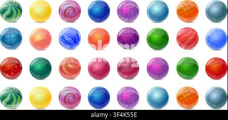 Glass marbles. Multicolored game balls. Vintage childrens toys. Light refracting beads. Abstract patterns with stripes, waves and bubbles. 3D crystal Stock Vector