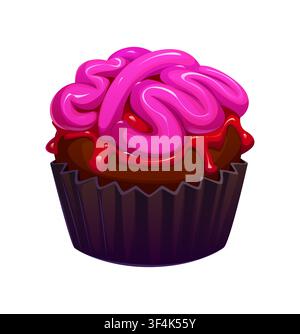 Cartoon Halloween cupcake with pink brain and jam Stock Vector