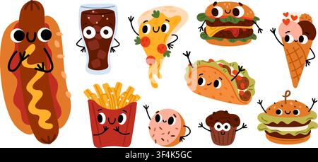 Funny characters from world of fast food. Cute cartoon illustration featuring pizza and burger with smiling faces. Tacos and hamburgers. Sweet donut Stock Vector