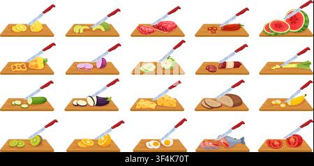 Cutting food on boards. Slicing vegetables. Fruits and meat chopping with knife. Ingredients preparation. Making salads process. Products cooking Stock Vector