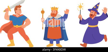 Set of three cartoon fantasy characters. Brave superhero with sword, medieval king with scepter and running wizard with magic wand Stock Vector