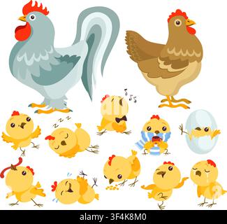 Cute cartoon chickens. Roosters and hens. Yellow chicks. Easter character hatching from egg. Mascot displaying various emotions. Happy domestic Stock Vector