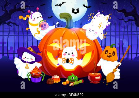 Halloween adorable cute kawaii ghost characters Stock Vector