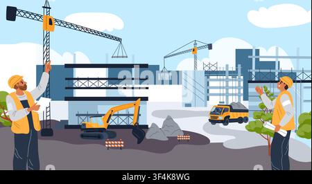 Construction site operations. Concrete mixer and crane. Truck carrying building materials. Slabs and frames being clad. Housing development. Workers Stock Vector