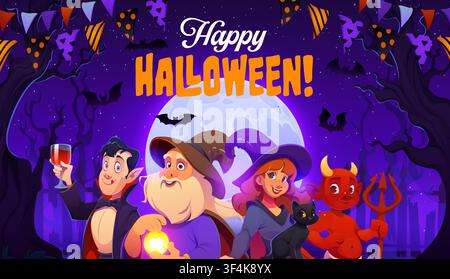 Happy Halloween greeting card, scary characters Stock Vector