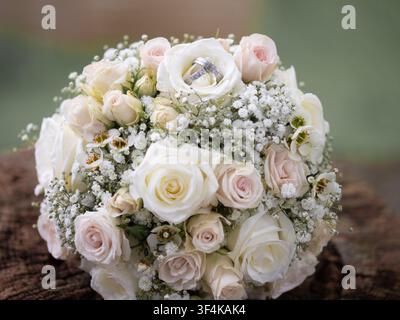 Romantic bridal bouquet of cream and blush roses with baby's breath, featuring wedding rings placed inside a white rose. Stock Photo