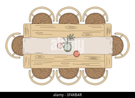 Long wooden table surrounded by eight woven chairs Stock Vector