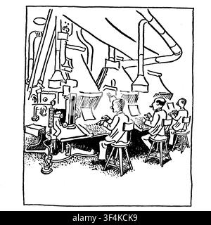 Newspaper type setters - Three men are working diligently, typing at individual typewriters in a bustling retro office environment, surrounded by machinery and industrial pipes. Addtext Stock Photo