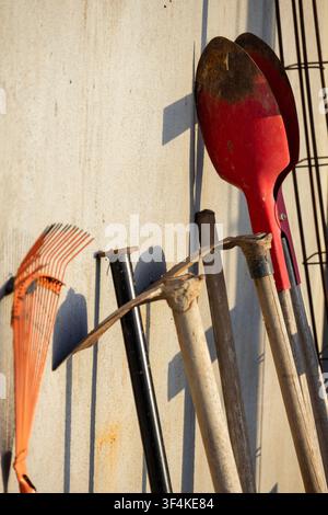 Old gardening and construction tools leaning against a wall, rustic shovels, rake, and pickaxe at golden-hour sunset, casting shade on the wall. Stock Photo