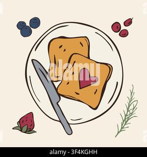 Hand drawn breakfast toast with heart jam and fresh berries vector doodle illustration Stock Vector