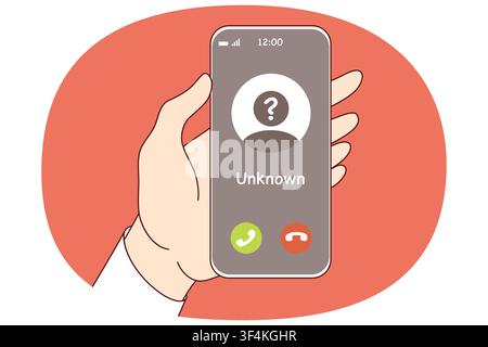 Call from unknown caller on phone screen in person hand, for spam or unsolicited advertising concept. Call from unknown scammer who wants to help with money or deceive victim through smartphone Stock Vector