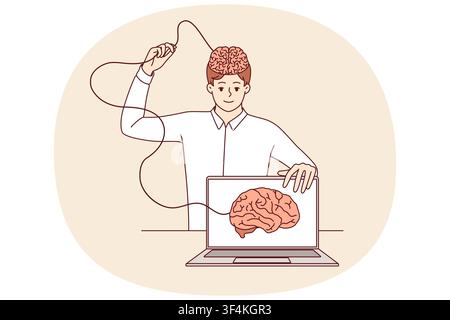 Man develops artificial intelligence and transfers own brain to internet, standing near laptop. Process of learning ai technologies to create innovative software with artificial intelligence Stock Vector