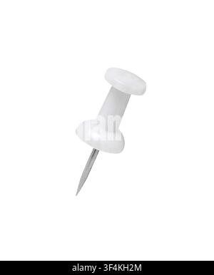 Push-pin. White push pin isolated on the white background, with clipping path. Thumb tack slanted upright. Stock Photo
