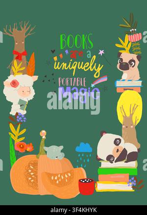 Cartoon Autumn Frame With Animals Sitting On Stacks Of Books Stock Vector