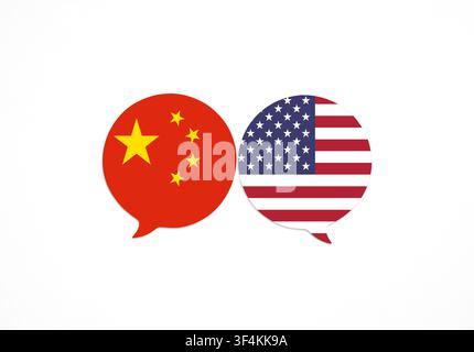 China and USA flags as speech bubbles on white background, symbolizing international relations, dialogue, and diplomacy Stock Photo