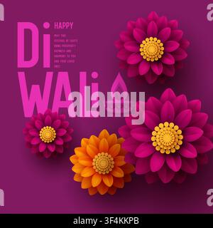 Happy Diwali festival vector background. Purple post card template with 3D paper cut style flowers, linear diya illustration and modern bold typography with holiday wishes. Stock Vector