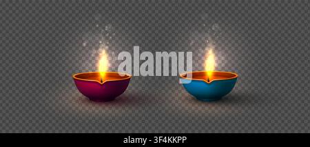 Diwali festival vector illustration. Set of two realistic glowing clay diya oil lamps in pink and blue with bright flames and bokeh sparkle effects isolated on transparent background. Stock Vector