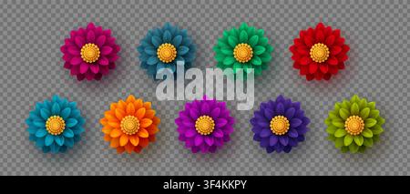 Vector set of colorful flowers for festive decoration. 3D paper cut style floral buds, decor for Diwali festival, seasonal holidays or wedding, isolated on transparent background. Stock Vector
