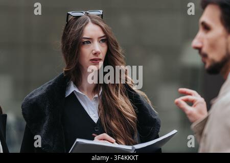 Businesswoman listening attentively during an outdoor meeting with colleagues while taking notes Stock Photo