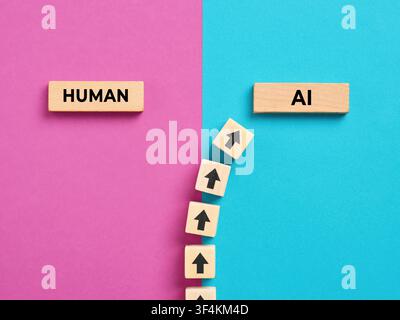 Digital transformation concept with arrows turning away from human and choosing AI artificial intelligence on a split purple and blue background Stock Photo