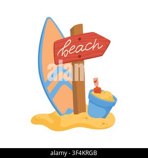 Red beach wooden arrow pointer with surf board, bucket, scoop and sand isolated on white background. Direction sign with lettering cartoon illustration Stock Vector