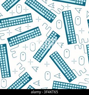 Computer keyboards and thin line mouse devices on white background, vector seamless pattern. Wallpaper, fabric design Stock Vector