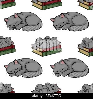 Seamless pattern vector with cute gray cats sleeping on vintage book stacks Stock Vector