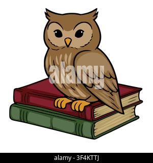 Cute brown owl sitting on a stack of vintage books vector illustration Stock Vector