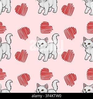 Seamless vector pattern with cute white cats and red scribble hearts on a soft pink background Stock Vector