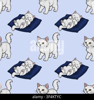 Seamless vector pattern with cute white cats sleeping on pillows and standing kittens Stock Vector