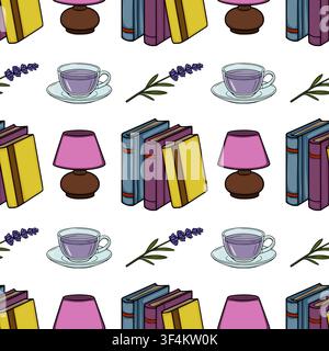 Seamless vector pattern with cozy books, lavender tea cups and table lamps Stock Vector