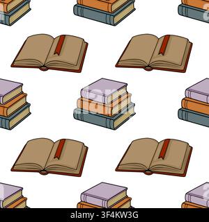 Seamless vector pattern with stacks of vintage books and open reading journals with bookmarks Stock Vector