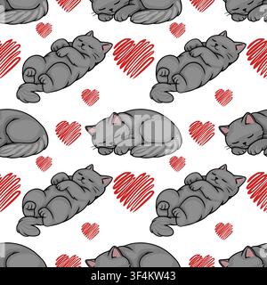 Seamless vector pattern with cute sleeping grey cats and red scribble hearts Stock Vector