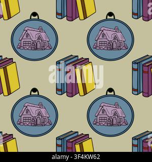 Seamless vector pattern with illustrated books and cozy cottage house medallions on a soft beige background Stock Vector