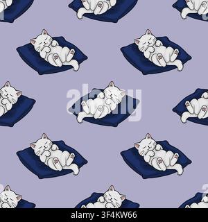 Seamless vector pattern featuring cute white kittens sleeping on dark blue cushions on a soft lilac background Stock Vector