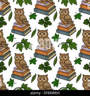 Seamless vector pattern with cute brown owls perched on stacks of colorful books and green leaves Stock Vector