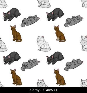 Seamless vector pattern with diverse cat breeds including fluffy white Persian and sleek brown and grey cats Stock Vector