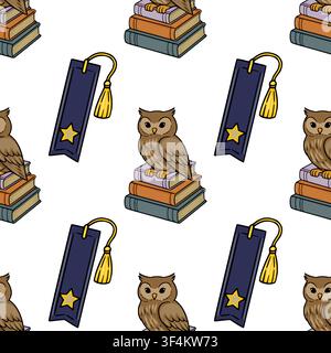 Seamless vector pattern with cute owls sitting on stacked books and decorative bookmarks with yellow tassels Stock Vector